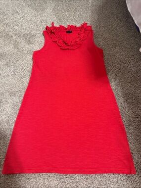 Talbots Sp Bright Red Sleeveless Cotton Dress with Statement Ruffles at V-Neck